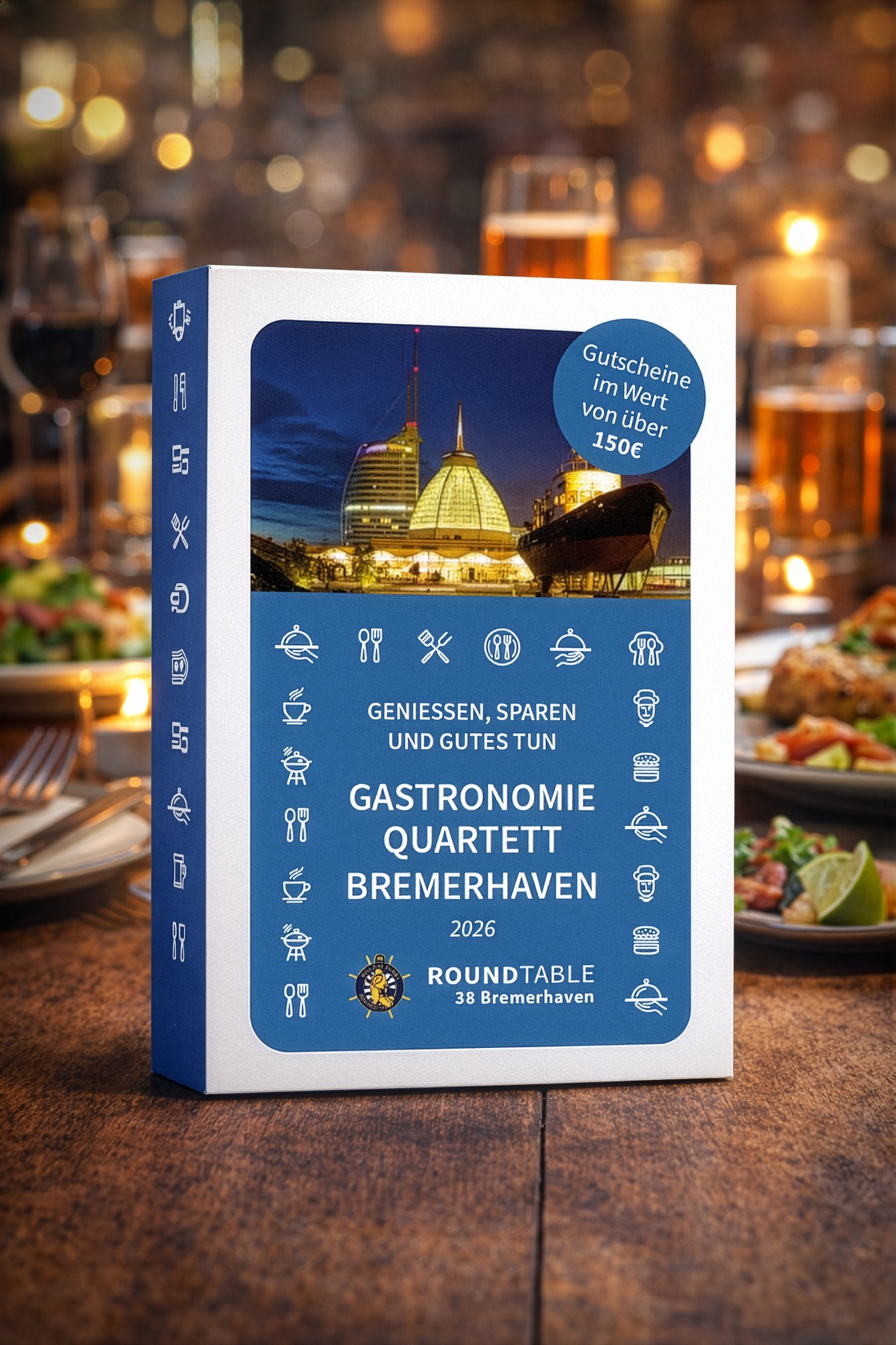 Gastro-Quartett Bremerhaven 2026: Originalvisualisierung der weißen und blauen Verpackung auf einem Restauranttisch